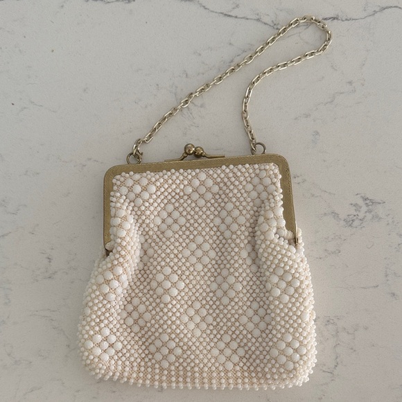 Handbags - Vintage Beaded Cream Wristlet Bag with Chain Strap